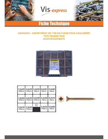 Assortiment de 1700 VBA Vis bois agglo Tête fraisée Pozi Bichromaté Embout
