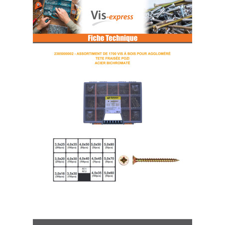 1 x Assortiment de 1700 VBA Vis bois agglo Tête fraisée Pozi Bichromaté Embout