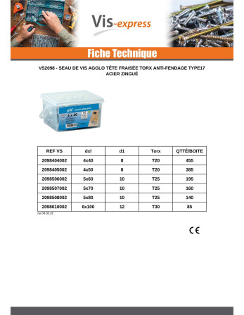 Seau de 455 Vis bois agglo 4X40 Tête fraisée TORX T20 Pointe antifendage type 17 Acier zingué