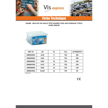 1 x Seau de 455 Vis bois agglo 4X40 Tête fraisée TORX T20 Pointe antifendage type 17 Acier zingué