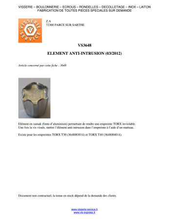 ELEMENT ANTI-INTRUSION TORX T40 Acier zingué