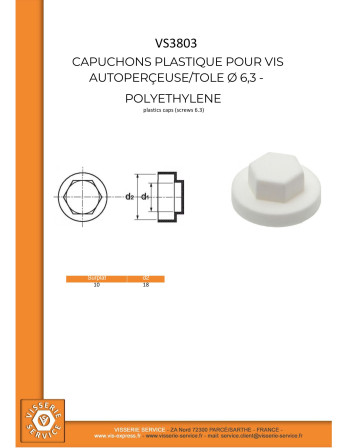 Capuchon Tête hexagonale TH Polyéthylène RAL9010 blanc pur pour vis autoperceuse ou tole de diam 6.3