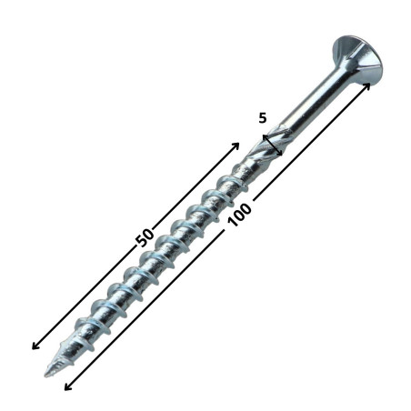 1 x Vis charpente TEKOR Tête fraisée Cranté TORX T25 5X100 Filetée sur 50 Pointe antifendage type 17 Acier zingué