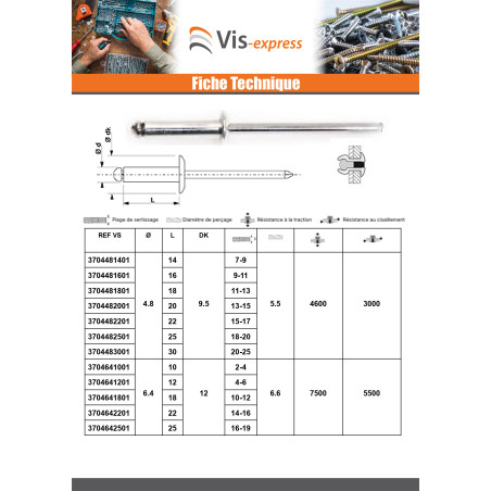 1 x Rivet aveugle tout acier ZING 4X6 Epaisseur de serrage 0.5 à 2 Tête plate