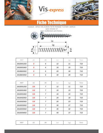 Spax Vis bois Tête ronde TR T-STAR+ TORX T30 WIROX 6X90 Filetée sur 61