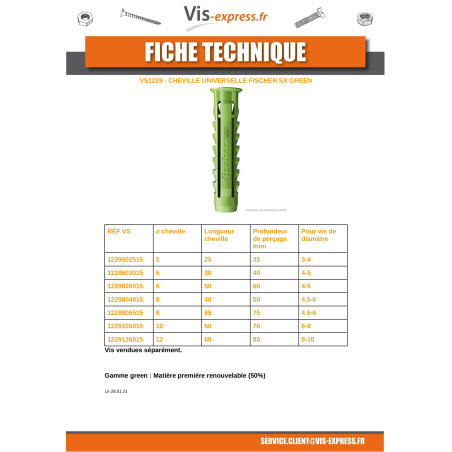 1 x Cheville Fischer SX GREEN 8X65