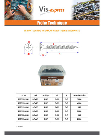 Seau de 850 Vis pour plaque de plâtre 3.5X35 Acier phosphate