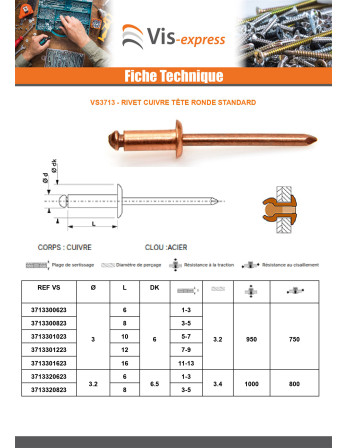 Rivet Tête Ronde Standard cuivre tige acier 4.8X8 Epaisseur de serrage 1 à 3
