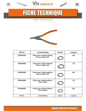 PINCE Circlip Extèrieur COUDEE 90 Degrès Longueur 200