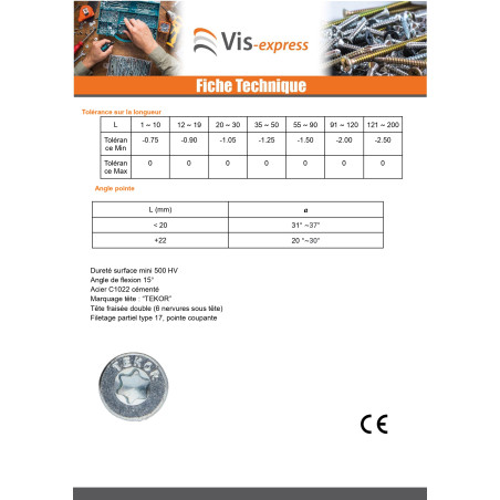 1 x Vis bois TEKOR Tête fraisée Cranté 4.5X50 Filetée sur 30 TORX T25 Acier zingué Pointe antifendage type 17
