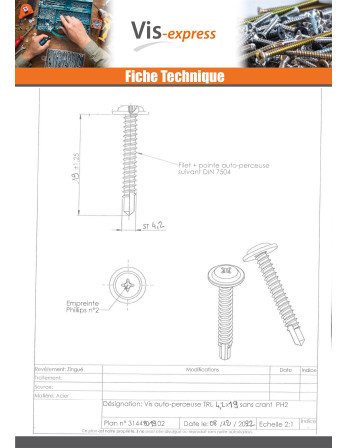 Vis autoperceuse Tête ronde large Phillips 4.2X19 Acier zingué