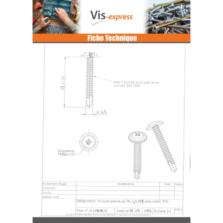 1 x Vis autoperceuse Tête ronde large Phillips 4.2X19 Acier zingué