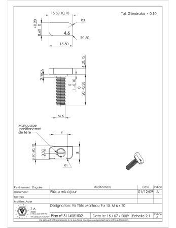 Vis métaux Tête marteau M6X20 20X12 Classe 8.8 Acier zingué