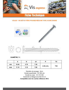 Vis Béton Tête fraisée Réduite 7.5X202 TORX T30 Acier zingué 2