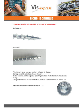 Vis charpente TEKOR Tête fraisée Cranté TORX T40 10X240 Filetée sur 80 Pointe antifendage type 17 Acier zingué