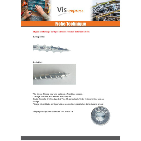 1 x Vis charpente TEKOR Tête fraisée Cranté TORX T40 10X240 Filetée sur 80 Pointe antifendage type 17 Acier zingué