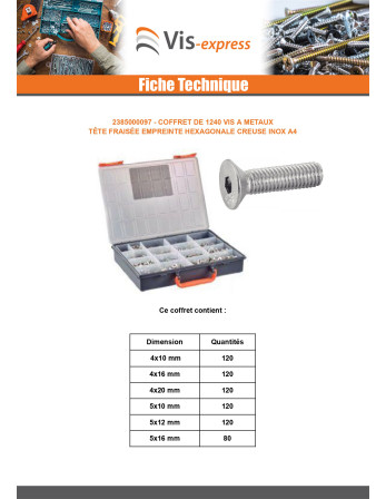 Assortiment de 1240 Vis métaux FHC tête fraisée empreinte hexagonale creuse Inox A4