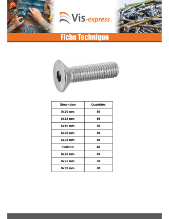 Assortiment de 1240 Vis métaux FHC tête fraisée empreinte hexagonale creuse Inox A4