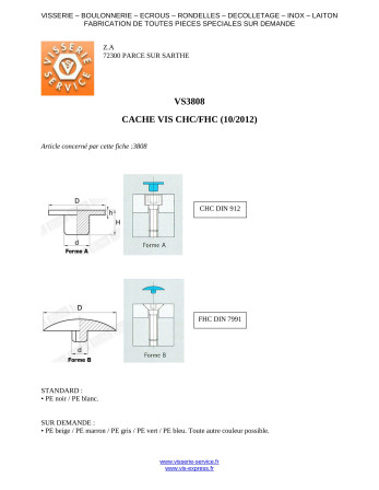 Cache tête de vis FHC tête fraisée empreinte hexagonale creuse Clé de 4 HC4 Diamètre tige 4.2 Diamètre de tête: