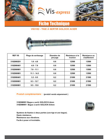 Tige à sertir GOLOCK 6.4 MM plage 08 Acier brut