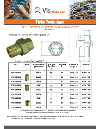 Raccord union droit plat 26x34 (1") Mâle/Femelle Laiton Figure 341