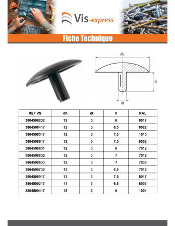 Cache tête de vis Polyéthylène Diamètre de tête: 15 Diametre de tige 3 Longueur tige 6 RAL9010 blanc pur