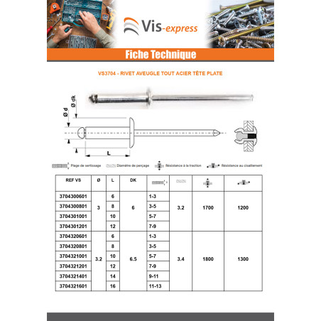 1 x Rivet aveugle tout acier ZING 3X6 Epaisseur de serrage 1 à 3 Tête plate