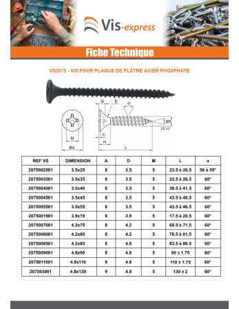 Vis pour plaque de plâtre Vis TTPC 3.5X55 Acier phosphate