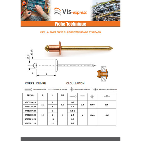 1 x Rivet TRS cuivre tige laiton 3.2X6