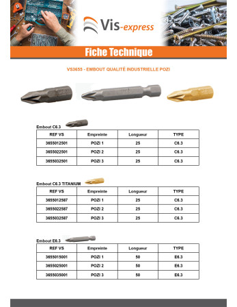Embout Qualité industrielle 1/4" C6.3 Pozi N°3 Longueur 25