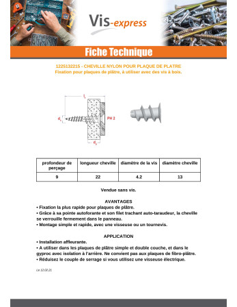 Cheville Nylon Pour Plaque de plâtre 13X22