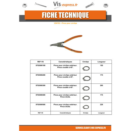 1 x PINCE Circlip Intérieur COUDEE 45 Degrès Longueur 200