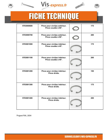 PINCE Circlip Intérieur COUDEE 45 Degrès Longueur 200