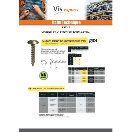1 x VBA3 Penture 6X40 TORX T30 Acier zingué noir