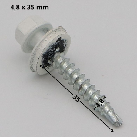 1 x Vis autoperceuse Tête hexagonale TH 4.8X35 Rondelle d'étanchéite EPDM Acier zingué RAL9010 blanc pur