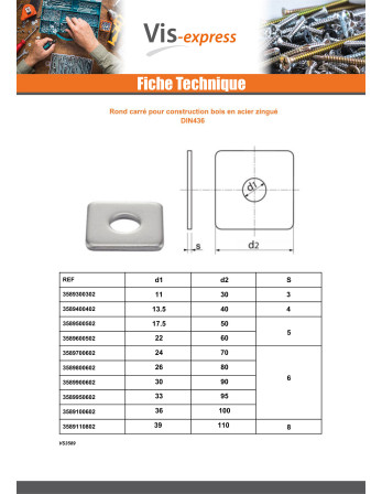 Rondelle carrée pour construction bois 26X80X6 Acier zingué
