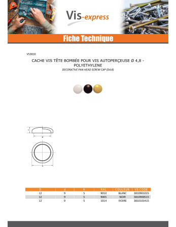 Cache vis Tête cylindrique bombée TCB Vis tôle DE4.8 Polyéthylène RAL9005 noir foncé