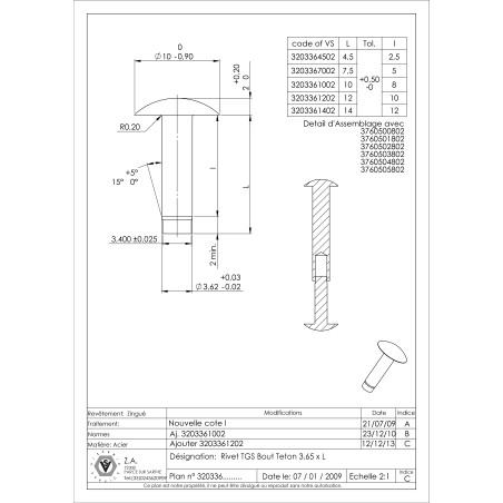 1 x Rivet à frapper Tête goutte de suif 3.65X14 Bout téton Téton Acier zingué