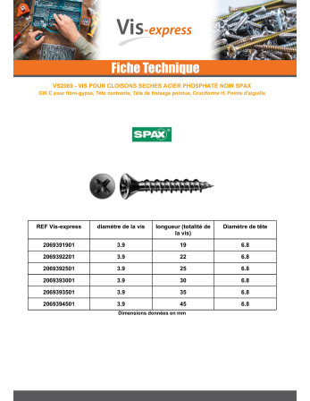 Vis pour plaque de plâtre Spax 3.9X35 Acier phosphate GIX-C