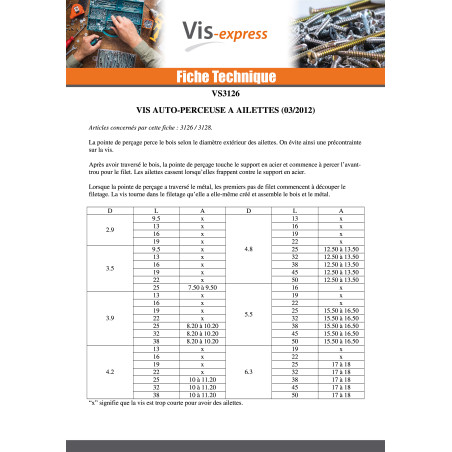1 x Vis autoperceuse Tête fraisée TORX T20 4.2X32 Crantée et ailettes Acier zingué