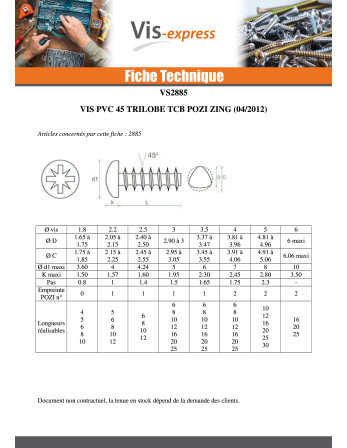 Vis pvc TRILOBE Tête cylindrique bombée TCB Pozi 4X16 FILET45 Acier zingué