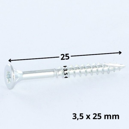 1 x Vis bois TEKOR Tête fraisée Cranté 3.5X25 TORX T15 Acier zingué Filetage total Pointe antifendage type 17