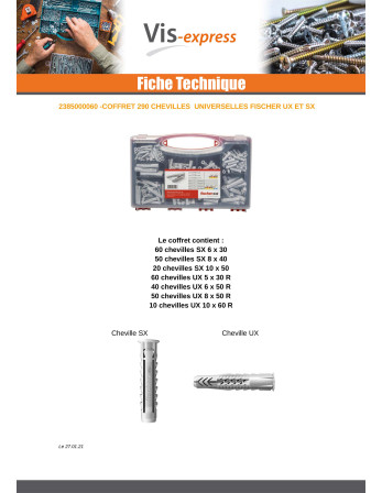 Assortiment de 290 Cheville Universelle Fischer UX Filetée sur SX