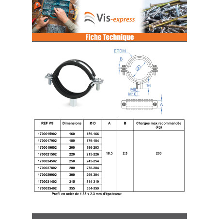 1 x Collier isophonique renforcé M8-M10 Diamètre 314A319 Acier zingué