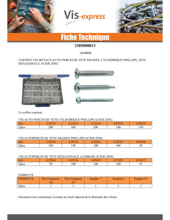 Assortiment de 1775 Vis autoperceuse Tête fraisée / Tête cylindrique TC Phillips / Tête hexagonale TH Acier
