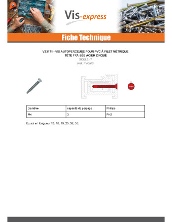 Vis autoperceuse PVC Métaux Tête fraisée Phillips n° 2 4X19 Acier zingué