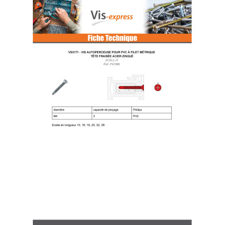 1 x Vis autoperceuse PVC Métaux Tête fraisée Phillips n° 2 4X19 Acier zingué