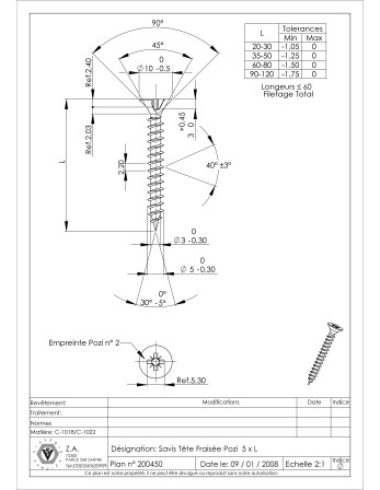 VBA Vis bois agglo Tête fraisée Pozi N°2 5X40 Filetage total Acier zingué