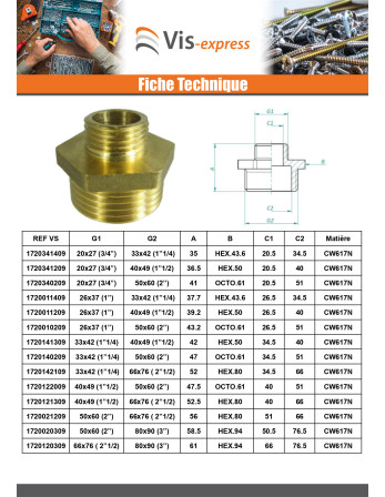 Mamelon réduit figure 245 Mâle / Mâle 20x27 (3/4") X 50x60 (2") Laiton