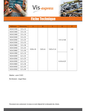 Vis tôle CHC BTR Clé de 5 HC5 4.8X16 Acier zingué